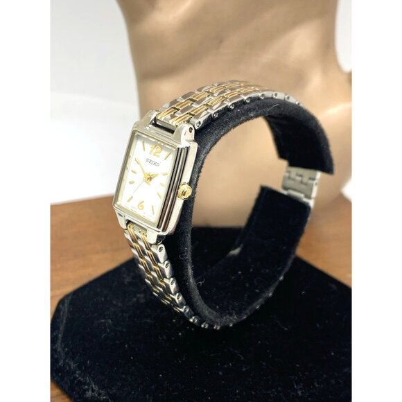Seiko Women's Watch SXGL59 Quartz Petite Tank Rectangle White Dial 2-Tone Steel - Picture 2 of 14